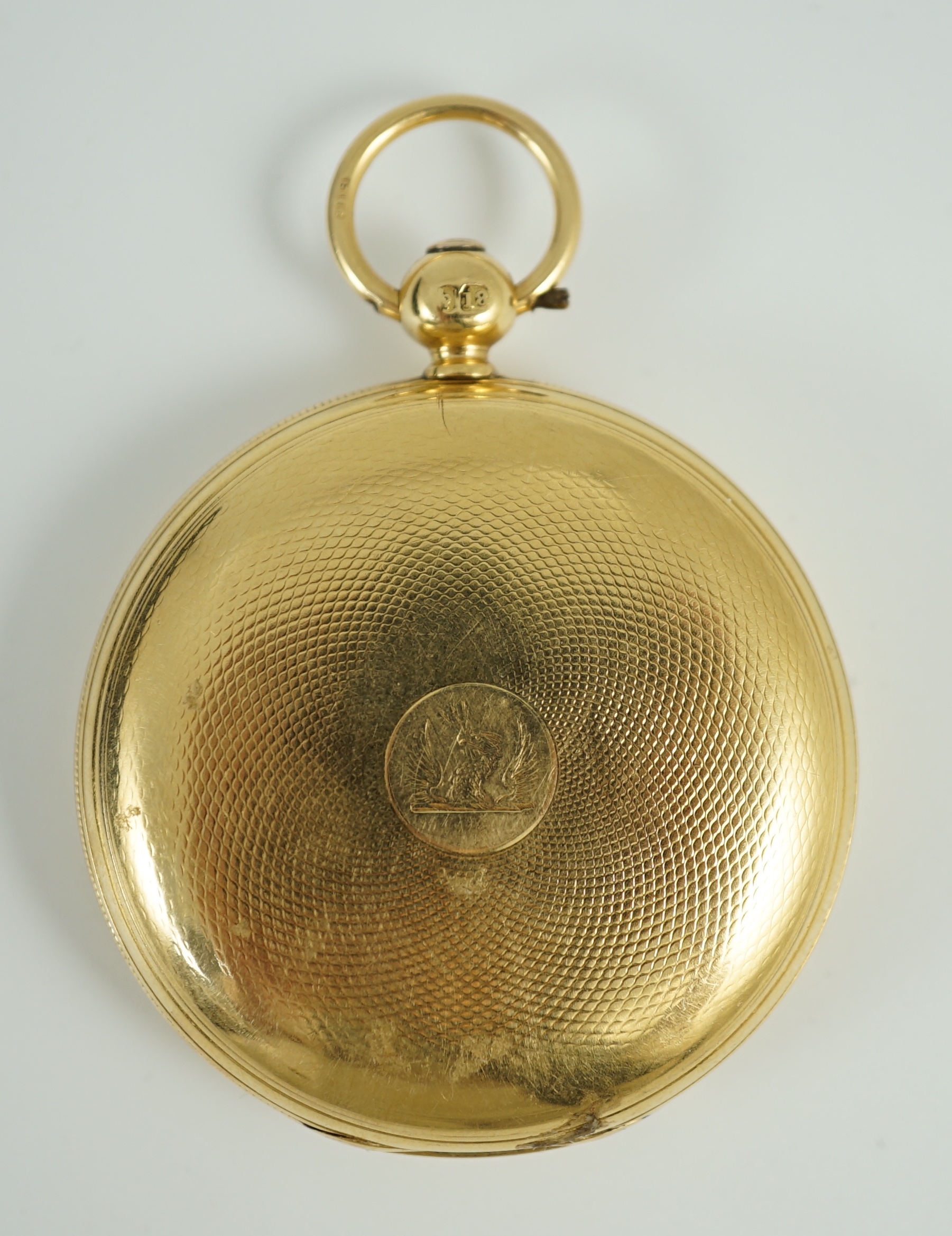 A Victorian engine turned 18ct gold hunter keywind pocket watch, by James McCabe, Royal Exchange, London